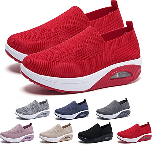 Women's Orthopedic Sneakers, Comfortable Air Cushion Walking Shoes, Slip On Shoes (US 7.5, Red)