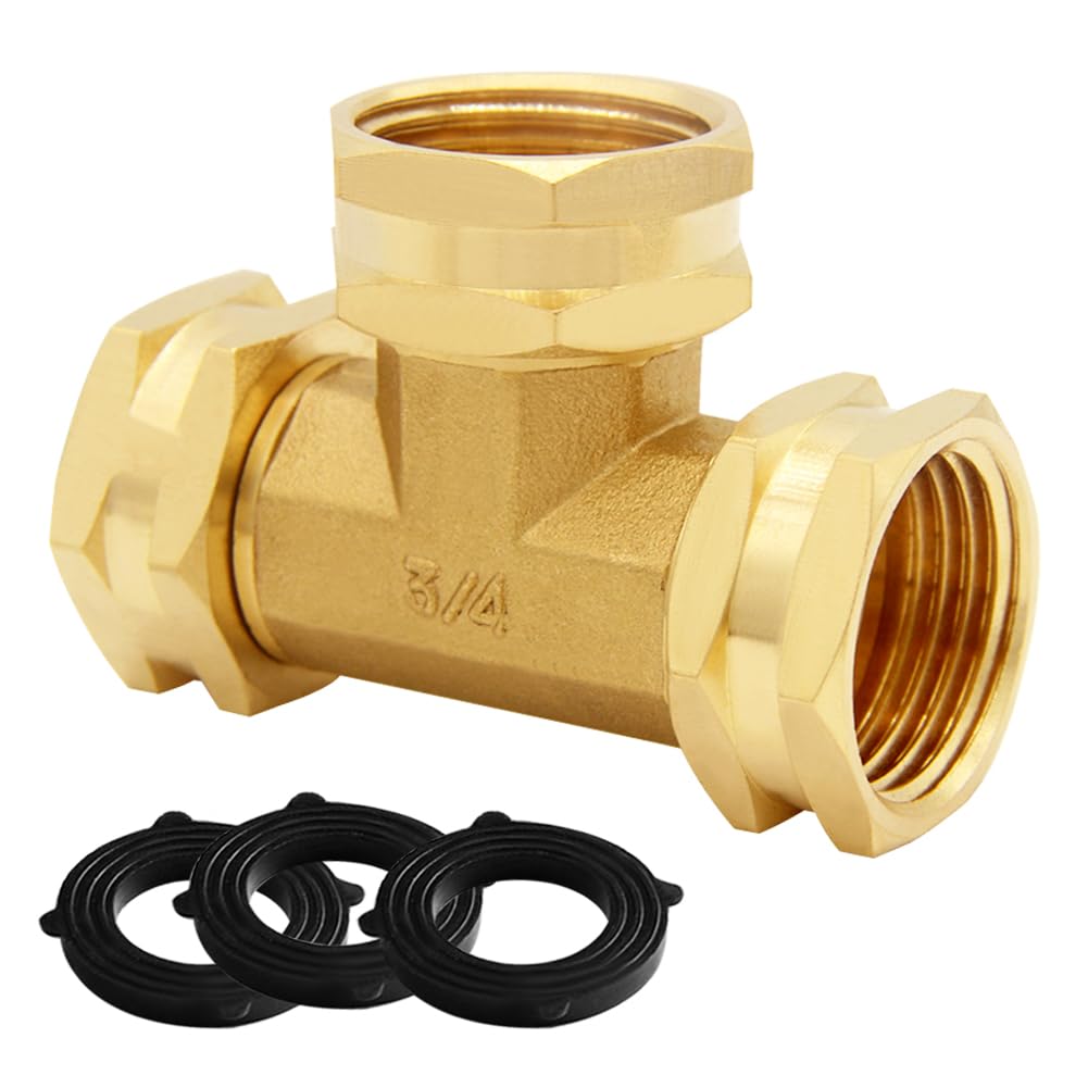 Uenede Brass 3/4 Inch GHT Swivel Tee Pipe Fitting 3/4" GHT Female for Garden Hose Threaded Tube Pipe Fittings