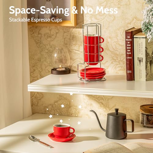 Image of Sweese 4 Ounce Porcelain Stackable Espresso Cups with Saucers and Metal Stand Set of 4, Red