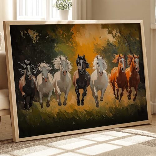 Image of HOTHOUSE Seven Running Vastu Lucky Horse Painting | 7 Horses Vastu Frame Wall Art Painting for Living Room Bedroom Office Home Decor Wall Decor Size (19X25 inch)