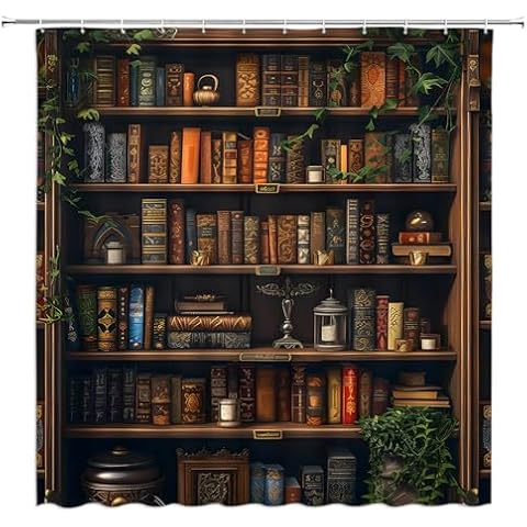 AMFD Vintage Bookshelf Shower Curtain Library Learning Education Study Bookcase Academic Antique Green Leaves Farmhouse Bathroom Curtains Decor Fabric Set Include Hooks,(59" Wx70 H) Cover