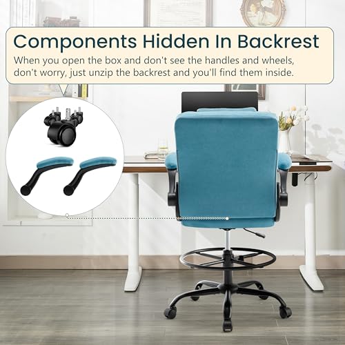 Image of Drafting Chair 500Lbs, Tall Office Chair for Standing Desk, Fabric Executive Office Chair with Flip-up Armrests, Ergonomic High Chair with Adjustable Foot Ring, Comfy Stool Chairs, Blue