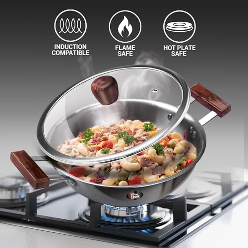 Image of MILTON Pro Cook Induction Cookware & Gas Stove Friendly Triply Stainless Steel Kadhai with Glass Lid 20cm (1.5L) | Deep Fry Pan | Sturdy Wooden Handle | Less Oil Healthy Cooking | 3Y Warranty | Silver