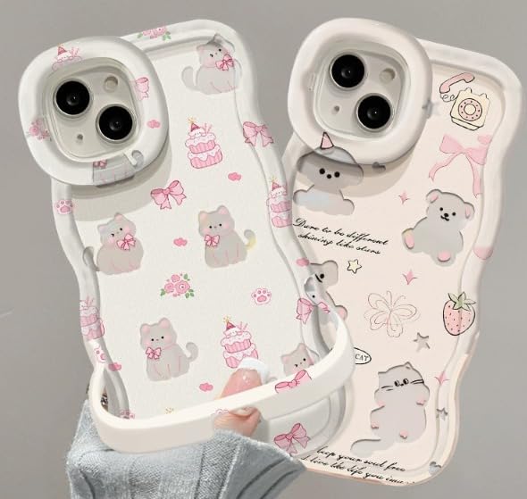 Image of COVERLY 3D Cute Creative Koala Bear Cartoon Teddy Candy Floral Decor Wave Curly Edge Invisible Double Phone Stand Holder Hard Bow Cat Cover Girly Charm Case for Apple iPhone 12 Pro (Pastel Pink)