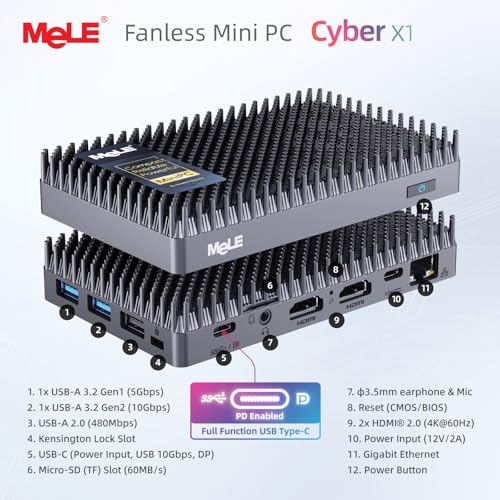 Image of MeLE Cyber X1 Fanless Mini PC N150 8GB DDR4 256GB eMMC with Windows 11 Pro | Dual HDMI+USB-C 4K Triple Display|WiFi 5 BT5.1|0dB Silent|Unlock BIOS,Auto Power On,PXE,WoL|VESA Mount|Industrial Business PC