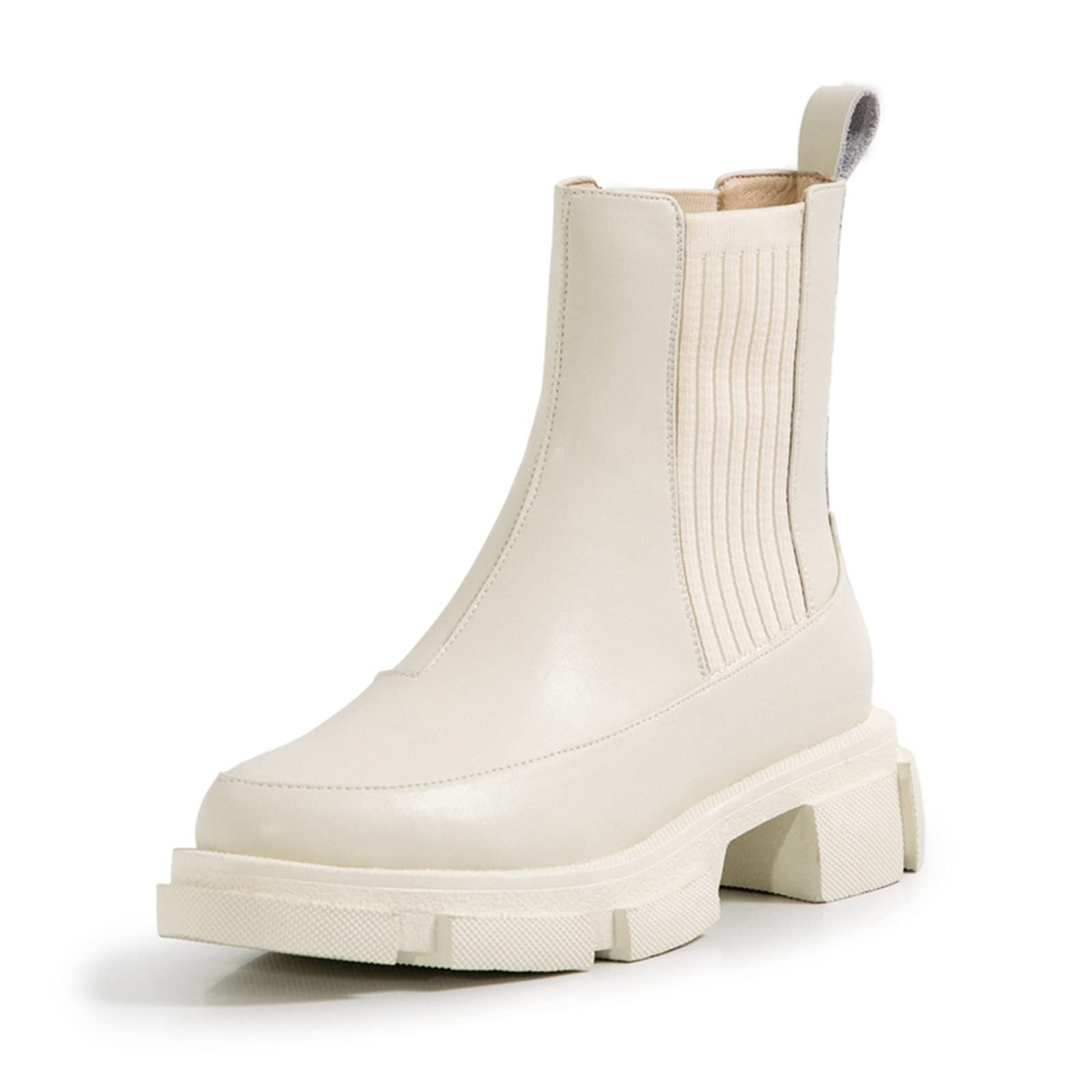 Torneh Bottes en cuir pour femme - Semelle épaisse - Bout rond - Chaussures plates pour femme - Noir et blanc, blanc, 10 US