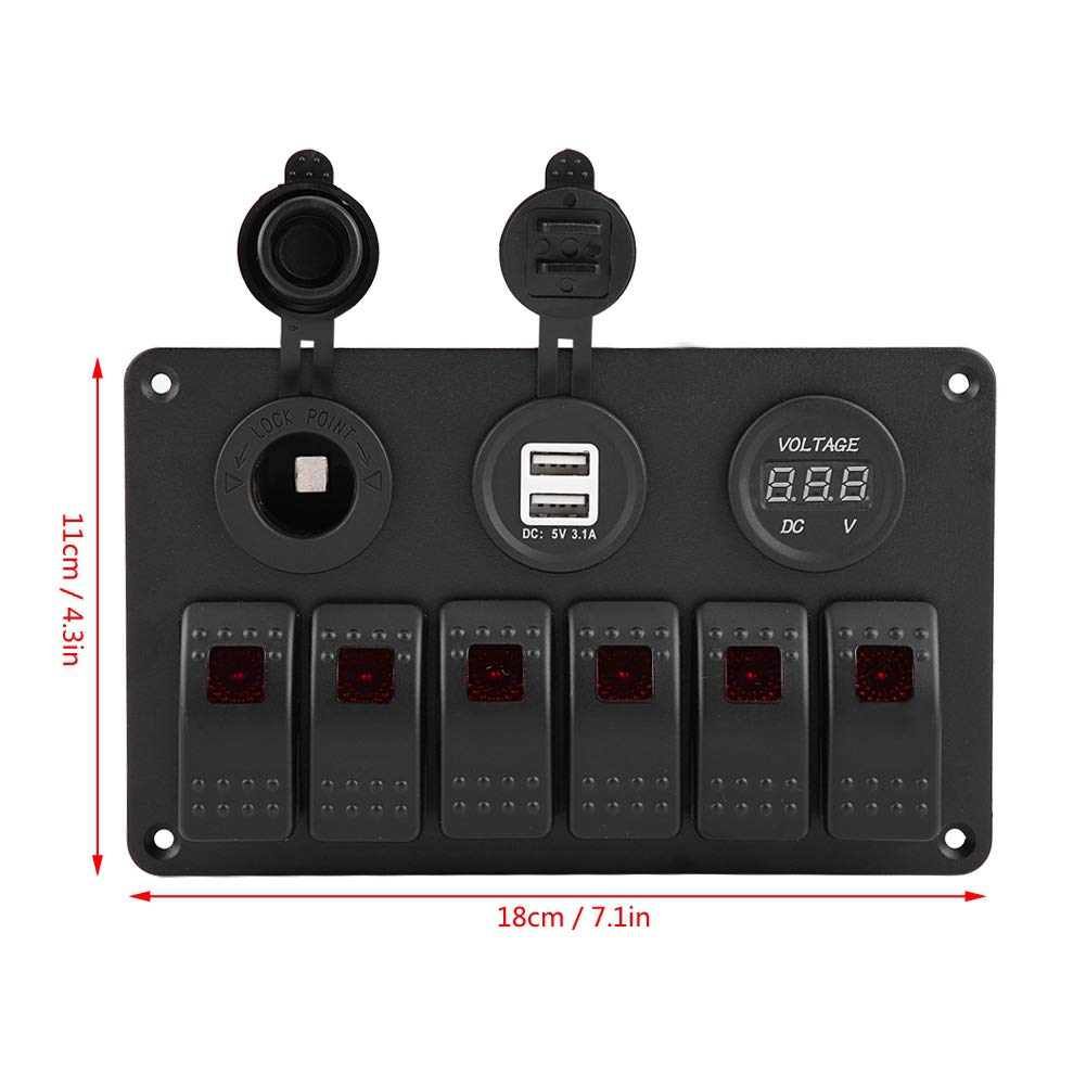 Interruttore a bilanciere, 12V 24V 6 Gang Car Boat Marine LED Interruttore a bilanciere Pannello Doppio USB Voltmetro Accendisigari(Rosso)