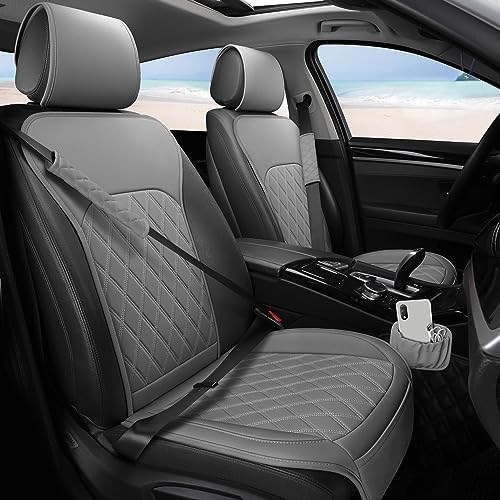 Image of Front Car Seat Covers - Leather Seat Covers with Storage Pocket and Two Belt Pads, Anti-Slip Waterproof Universal Seat Covers for Cars Fit Cars Trucks SUV(Grey,2 Pack)