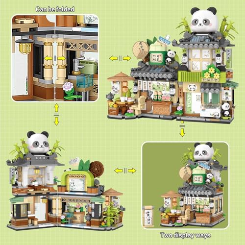 Image of SKY LINE OCEAN Japanese Tea Shop Mini Building Bricks Set (860PCS) - Street View Panda Cafe Architecture Model | 6 Months Structural Warranty