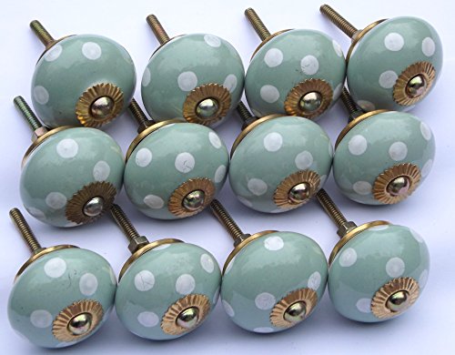 Boutons de porte de placard céramique vert clair à pois blancs x12 - 2