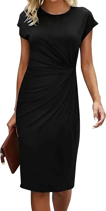 Business Casual Dresses for Women 2025 Cap Sleeve Knee Length Twist Front Dress Elegant Round Neck Summer Dresses