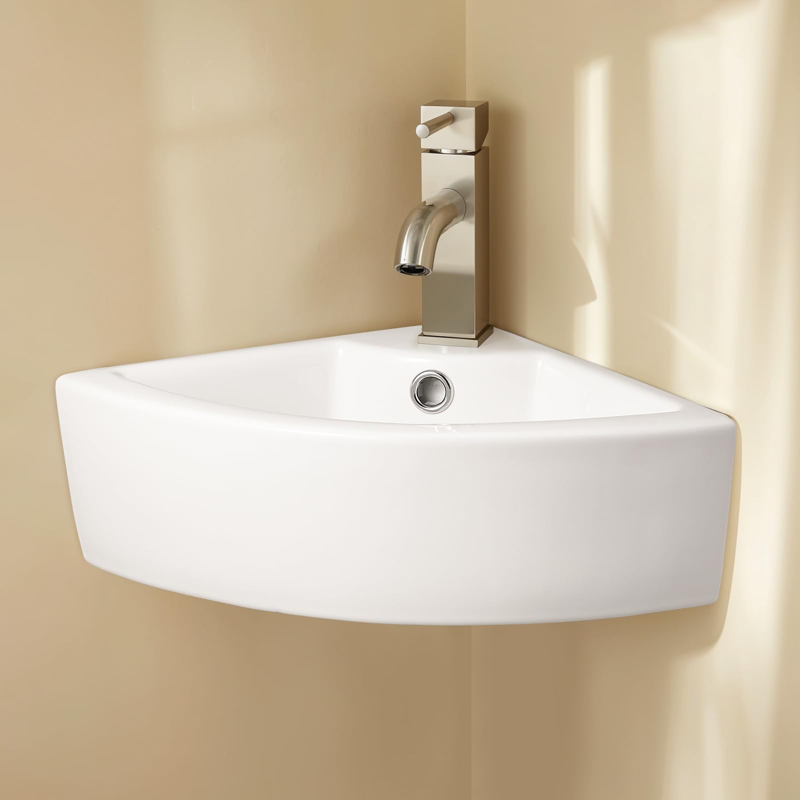 Warmiehomy Bathroom Vessel Ceramic Sink Wall Mounted,Corner Triangle Ceramic Basin with Waste Drainer Fixing Kit for Bathroom Cloakroom (White,31x31x13cm)