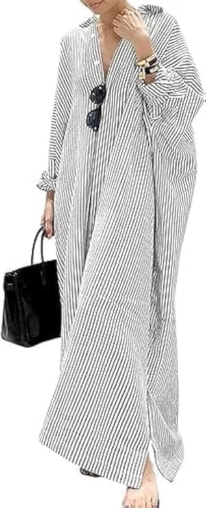 Womens Striped Long Sleeve Dress Casual Loose Button Down Cotton Maxi Shirt Dress XXL Grey