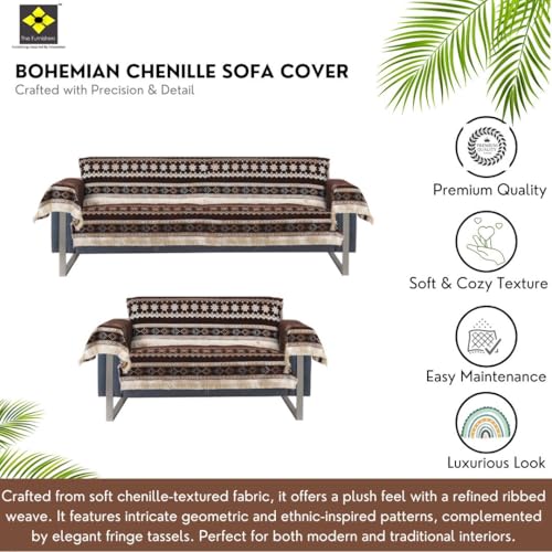 Image of Elegant Woven Brown Sofa Cover Soft Chenille Traditional Pattern with Lace Style | L-Shape Sectional Seat Protector for Living Room Durable & Stylish Slipcover 3+2 Seater with Arms