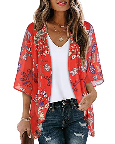 Minetom Femmes Gilet Kimono Casual Veste Cardigan en Mousseline de Soie Été Imprimé Floral Plage Outwear Pareo Tops Maillot de Bain Bikini Cover Up Style 11 L