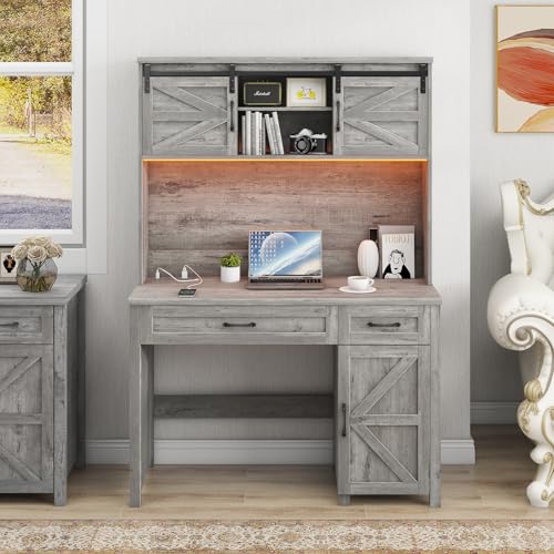 Vabches Farmhouse 47' Executive Desk, Computer Desk with 2 Drawers and Storage Cabinet, Home Office Desk with Hutch, Charging Hub & LED Lights, Workspace for Work and Study, Gray