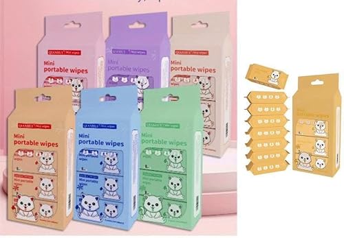 Mini Portable Wet Wipes, 8 Wipes per Pack, Multicolour Pack of 6 | Travel Friendly, Resealable Packs, Kids & Baby Use, Cartoon Design, Multi-Pack Set