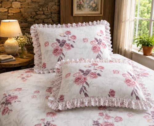 Image of Fitted Bedsheet Queen Size 300 TC Soft Cotton Feel Microfiber All Around Elastic Fitted Double Bedsheet with 2 Frill Pillow Covers | Size (60x78) Pink Rose