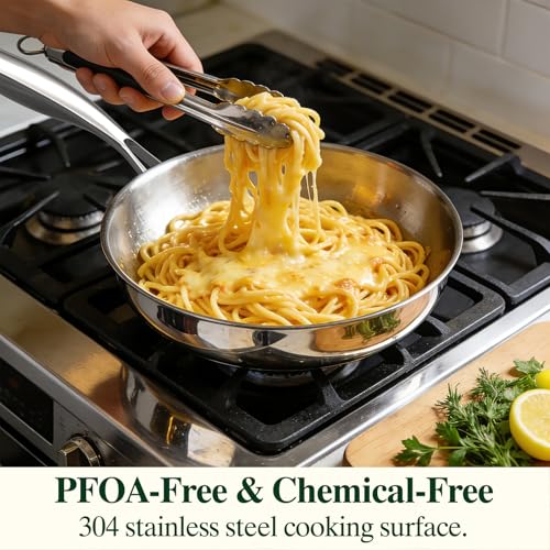 Image of Umite Chef 12 inch 5 Ply Stainless Steel Frying Pan Non-Toxic PFOA&PTFE Free Skillets, Professional Cookware- Oven Safe & Induction Compatible, Fast & Even Heat, Heavy Duty, Cool Grip Handles