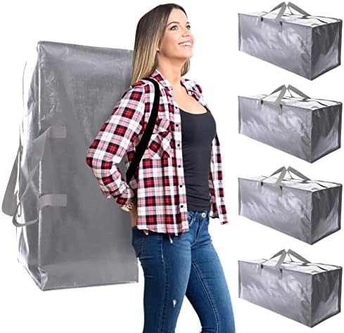 WTREE Heavy Duty Moving Bags, Extra Large Storage Totes W/Backpack Straps Strong Handles & Zippers, Alternative to Moving Boxes, Moving Supplies for Dorm Room Essentials (Silver, 4 Pack)