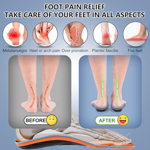 Image of Plantar Fasciitis Insoles, High Arch Support Insoles, Heavy Duty Orthotic Shoe Inserts for All Day Walking, Standing (Men 7-7.5 / Women 8-8.5(250mm), Orange-Enhanced)