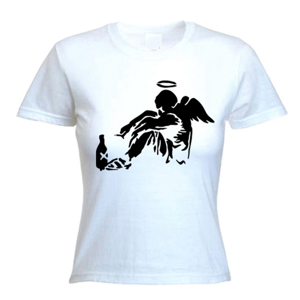 Tribal T-Shirts Womens Banksy Fallen Angel T-Shirt (Medium, White)