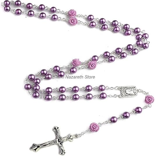 Nazareth Store Catholic Purple Pearl Beads Rosary Necklace Our Rose Lourdes Medal & Cross NS