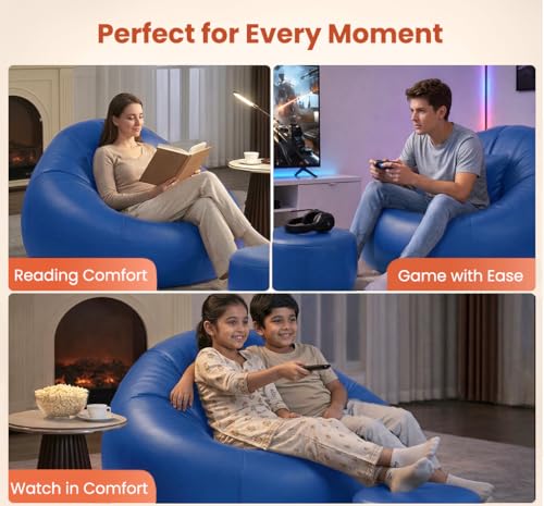 Image of Sattva Classic 5XL Bean Bag Chair with Beans Filled | Sofa Style Faux Leather Beanbags with Footstool & Cushion | Comfortable Bin Bags Sofa for Adults & Teens, Living Room & Office | Royal Blue
