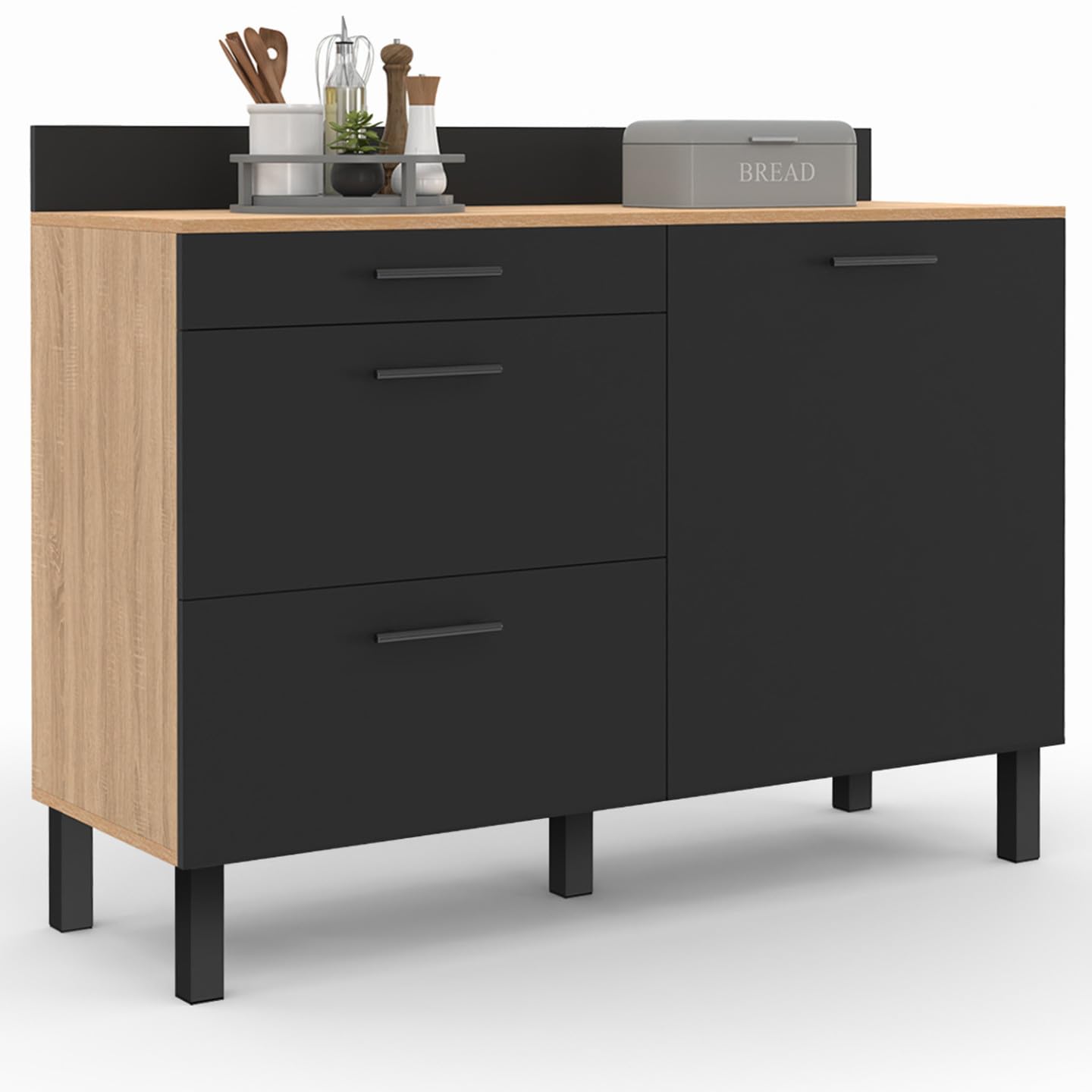 IDMarket - Buffet Bas casserolier de Cuisine 120 cm CINA Plan de Travail H.83 cm 1 Porte + 3 tiroirs façon hêtre et Noir