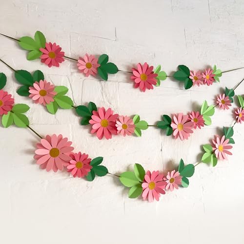 Image of Flower Bunting for Wall Decoration (Pink Daisy with Leaves)