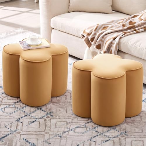 Image of Zesthouse Flower Pouf Ottoman Foot Rest Set of 2, Velvet Fabric Poofy Ottoman Footstool for Couch, Modern Living Room Stool for Under Entry Table, Cute Square Vanity Stool for Bedroom Dorm, Camel