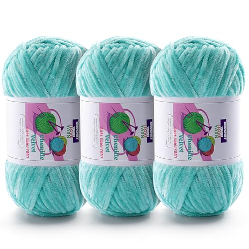 Image of 3 Skeins Soft Fluffy Velvet Yarn, Chenille Chunky Yarn for Hand Knitting and Crocheting DIY Craft, Amigurumi Crochet Yarn(3x196.8yds, 3x3.5oz) (Mint Green)