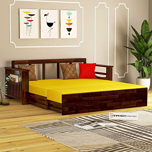 KINGS HOME FURNITURE Solid Sheesham Wood Sofa Cums Bed with Mattress & Storage | Rosewood Convertible Sofa Bed for Living Room & Bedroom (A-Walnut (Ye