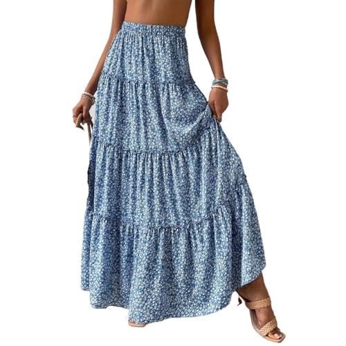 Women's Long Skirts Small Floral Elastic Waistband Three Layer Splicing A line Pleated Big Swing Dresses for Women