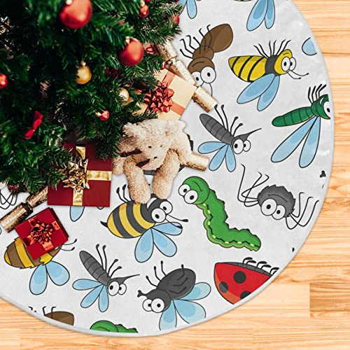 Bugs Insects Funny Cartoon Christmas Tree Skirt 35.4/47.2 Inch Large, Double Layer, With Felt Fabric Lining, Tree Mat For Xmas Holiday Party Decoration #TOP3