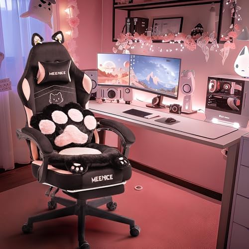 Pink Cute Cat Gaming Fabric Chair with Cat Paw Lumbar Cushion and...