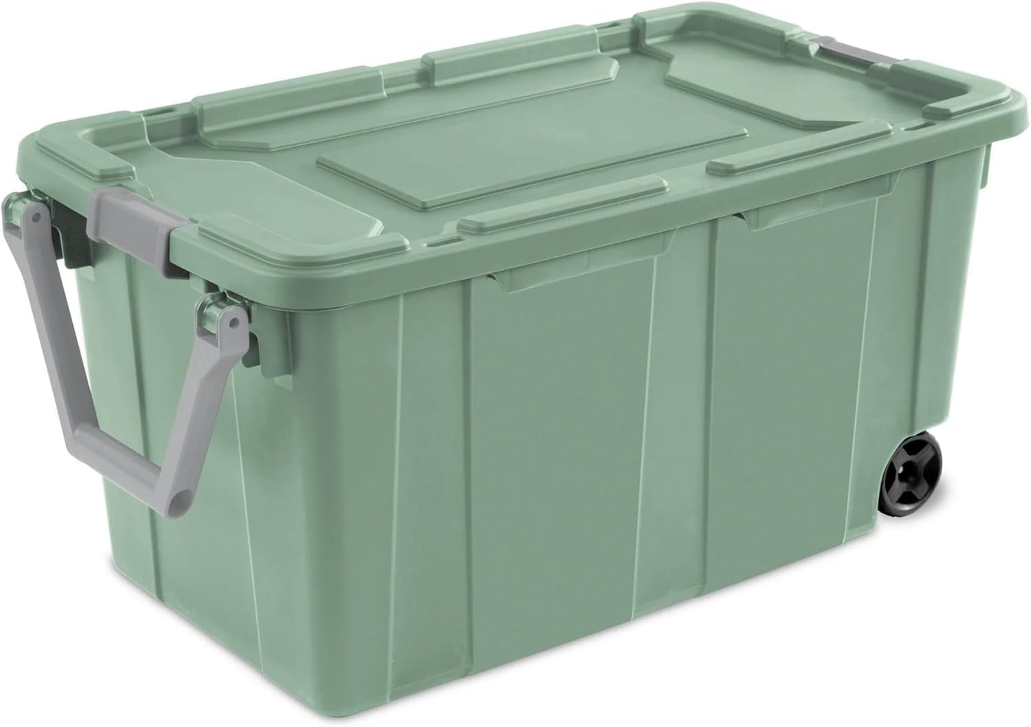 Storage Bin 40 Gallon 160 Qt Wheeled Industrial Tote Plastic Rolling Stacker Storage Box, Tough Lidded Stackable Storage Container for Home, Garage, and Camping Green Sage Base and Lid 2 PACK