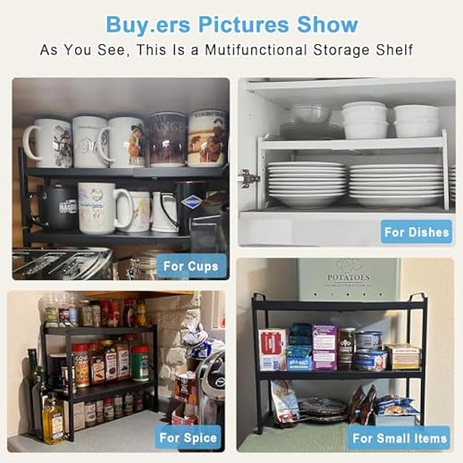 4 Pack Kitchen Cabinet Shelves Organizers, Kitchen Counter Storage Shelf Spice Rack, Expandable Length, Adjustable Height, Stackable, Sturdy 30LBS Bearing, Small Cupboard Tabletop Organizer Shelf Rack