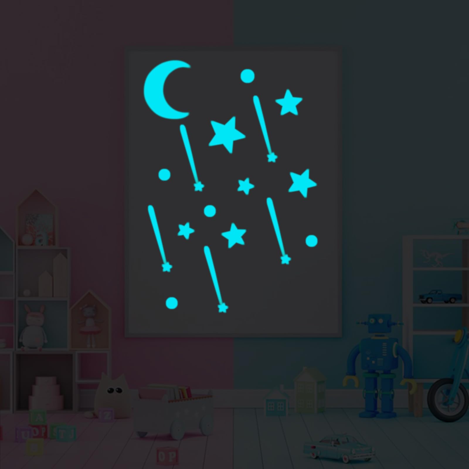 Lot de 858 étoiles phosphorescentes pour plafond, grande lune, étoiles filantes, autocollants ronds pour chambre à coucher, décoration de plafond de chambre, bleu