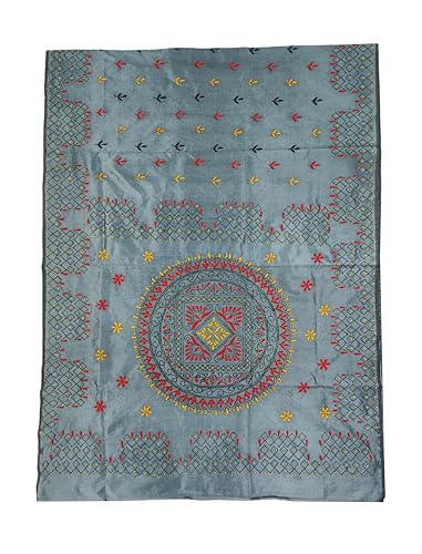 Image of SHRISTI CLOTHINGS Women's Hand Embroidered Cotton Silk Kantha Stitch Saree with Blouse Piece (SB4200924 GREYD46)
