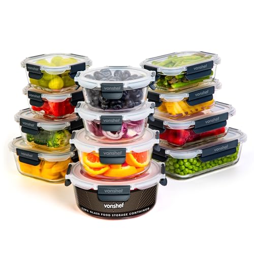 VonShef Glass Containers with Lids - 12 Piece Meal Prep Food Lunch Boxes 320ml-1L Capacities, Oven and Dishwasher Safe, BPE-Free Airtight Leakproof Seal Great for Food Storage & Fridge Organisation