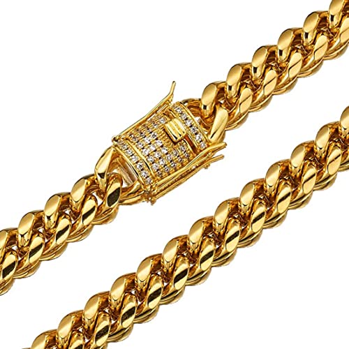 WXP 18K Gold Cuban Link Chain Necklace or Bracelet for Men Women 8mm 10mm 12mm 14mm 18mm Stainless Steel Miami Chain Gold Chain Necklace Hip Hop Jewelry 7.5-30inch3