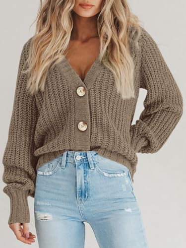 Image of PRETTYGARDEN Women's Chunky Knit Open Front Sweater Long Sleeve Button Loose Short Cardigan Outerwear Coats