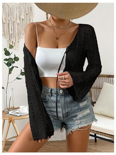 Image of Verdusa Women's Tie Front Crop Cardigan Bell Long Sleeve Scalloped Lightweight Knit Tops Summer Beach Cover Up