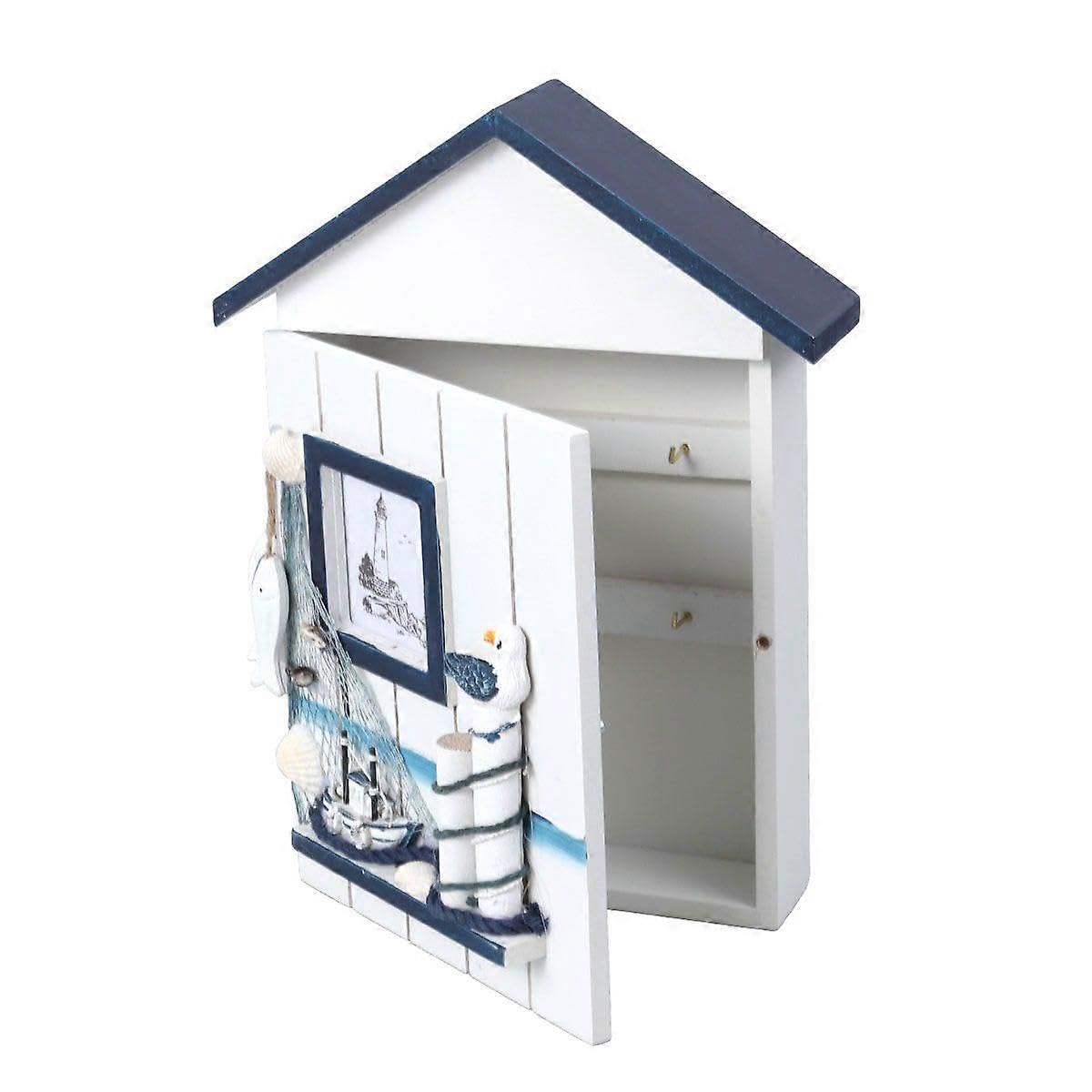 Joyhappst Image Color Mediterranean House Key Storage Holder Case Wall Mounted Wooden Storage Box (Blue Single Bird)