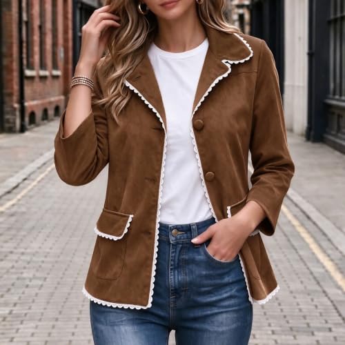Faux Suede Jacket Women Trendy Casual Lace Scalloped Lapel Button Down Coat - image 2