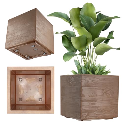 KADAX Pflanzkübel aus Kunststoff, 39x39cm, 7 Farben, quadratischer Blumentopf, Blumenkübel mit Rollen, Übertopf, Pflanzkasten mit Abflusskorken (Dunkelbraun, Holzoptik)