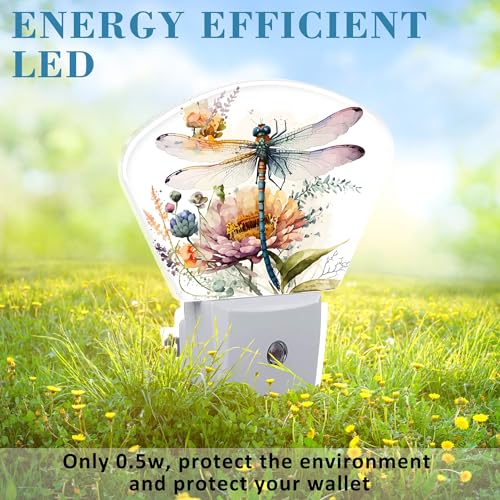Image of Watercolor Dragonfly Night Light Plug into Wall, Flowers Night Light with Dusk to Dawn Sensor for Kid Girls Boys Women Men Bedroom, Hallway, Kitchen, Bathroom, Stairs Decor