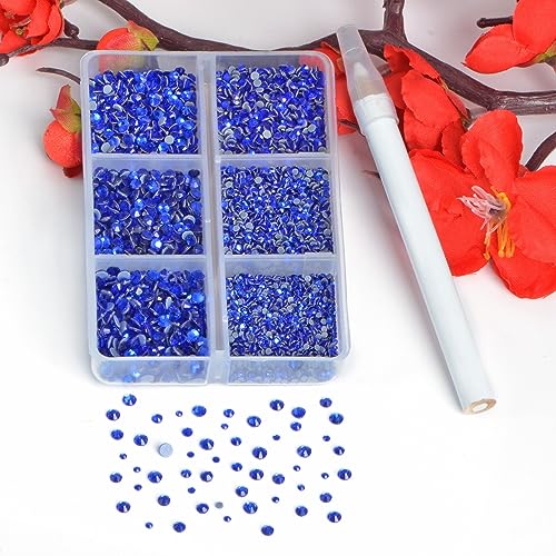 Image of Bymitel Hotfix Crystal Rhinestones Round Gems for Crafts,Mixed 6 Sizes with Wax Pencil Kit, Sapphire 1.3-3.2mm(SS3-SS12 /8000pcs)
