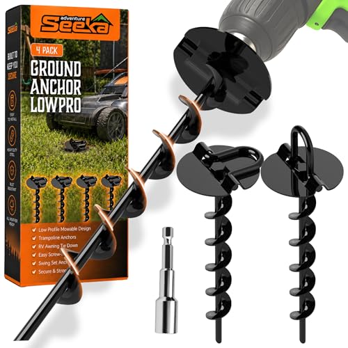 Mow Over Ground Anchor Stakes (Ground Anchors Low Profile, 4 Pack Heavy Duty, Ground Anchors Screw in, Swing Set Anchors, Trampoline Anchors High Wind, Tent Stakes, Car Ports, Canopies.)